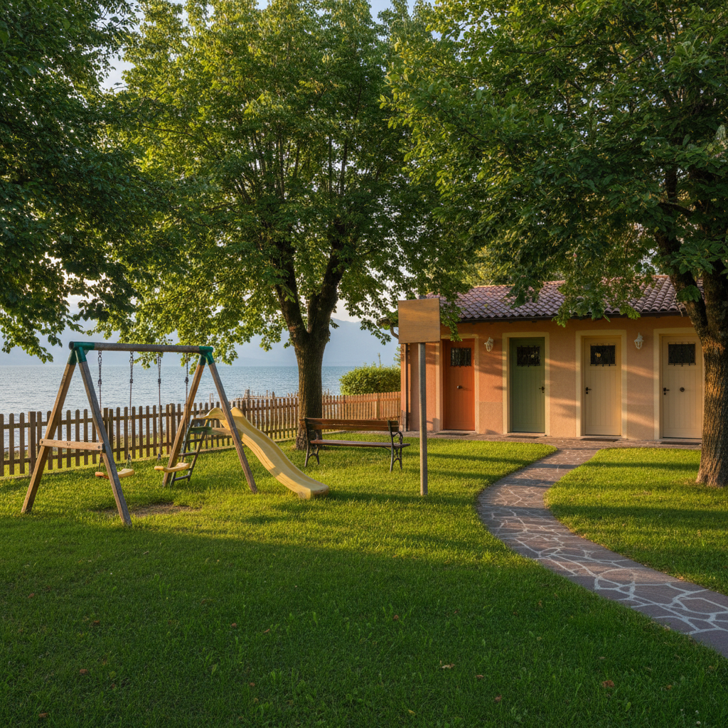 A fenced, well-kept garden area of a pet-friendly vacation rental, with lush green grass, a small play area featuring a classic wooden swing set and slide, and a shaded corner with a simple bench. A discreet signboard area is left blank, avoiding any text or logos. A narrow path leads to three distinct, charming entry doors in soft earth tones, suggesting multiple rentals within the same property. Late afternoon sunlight filters through leafy trees, creating dappled patterns on the ground. Photographed from a slightly elevated angle with deep focus and photographic realism, the mood is safe, welcoming, and ideal for families and pets wanting secure outdoor space by Lake Garda.