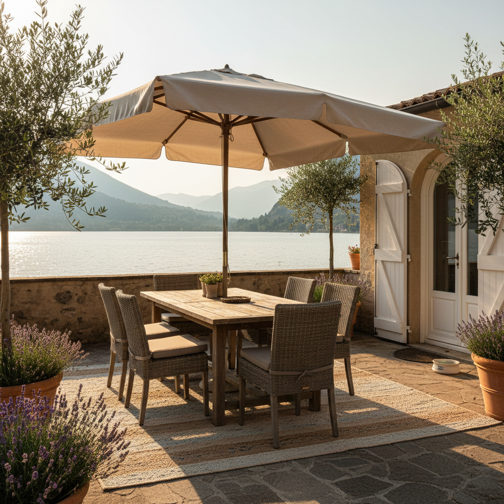 A sunlit private terrace of a Lake Garda holiday home, furnished with a sturdy wooden dining table, cushioned chairs, and a large neutral-colored umbrella providing shade. Terracotta pots with lavender and olive trees frame the space, while beyond a low stone wall, shimmering hints of the lake and the hills of Toscolano Maderno are visible. A simple dog water bowl rests unobtrusively near the door, and a durable outdoor rug softens the floor. Captured during golden hour with warm, natural light casting long, gentle shadows, the composition uses the rule of thirds and photographic realism to convey a relaxed, family-friendly atmosphere ideal for shared meals and peaceful evenings.