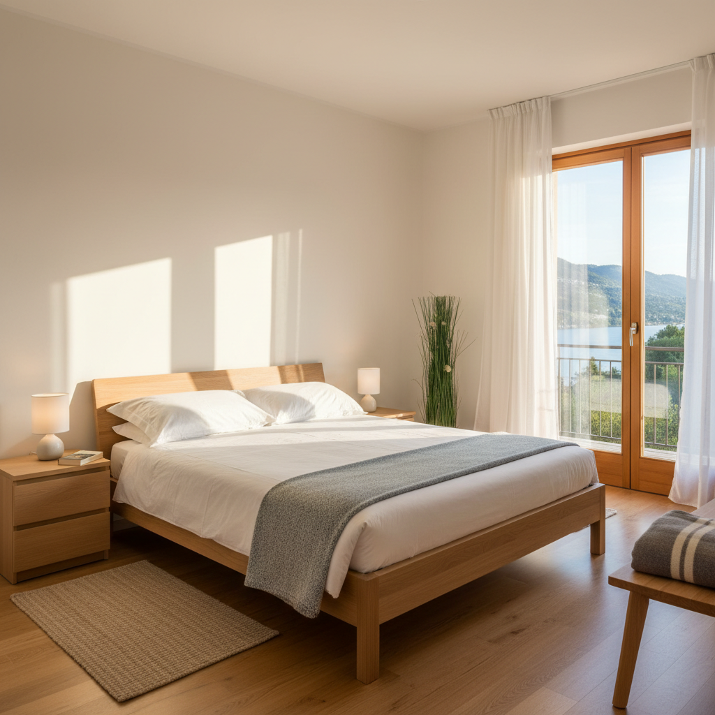 A cozy double bedroom in a Toscolano Maderno holiday rental, with a crisp white bedspread neatly arranged on a light oak platform bed and two matching nightstands. A small balcony door reveals distant Lake Garda framed by lush green trees. A soft, washable throw blanket in muted blue lies at the foot of the bed, and a subtle, stylish pet blanket is folded on a bench nearby. Morning sunlight enters through sheer curtains, creating a serene, peaceful glow. Shot from a slightly elevated corner angle, with balanced composition and photographic realism, the room feels calm, family-friendly, and pet-conscious, emphasizing comfort and cleanliness for vacationing guests.