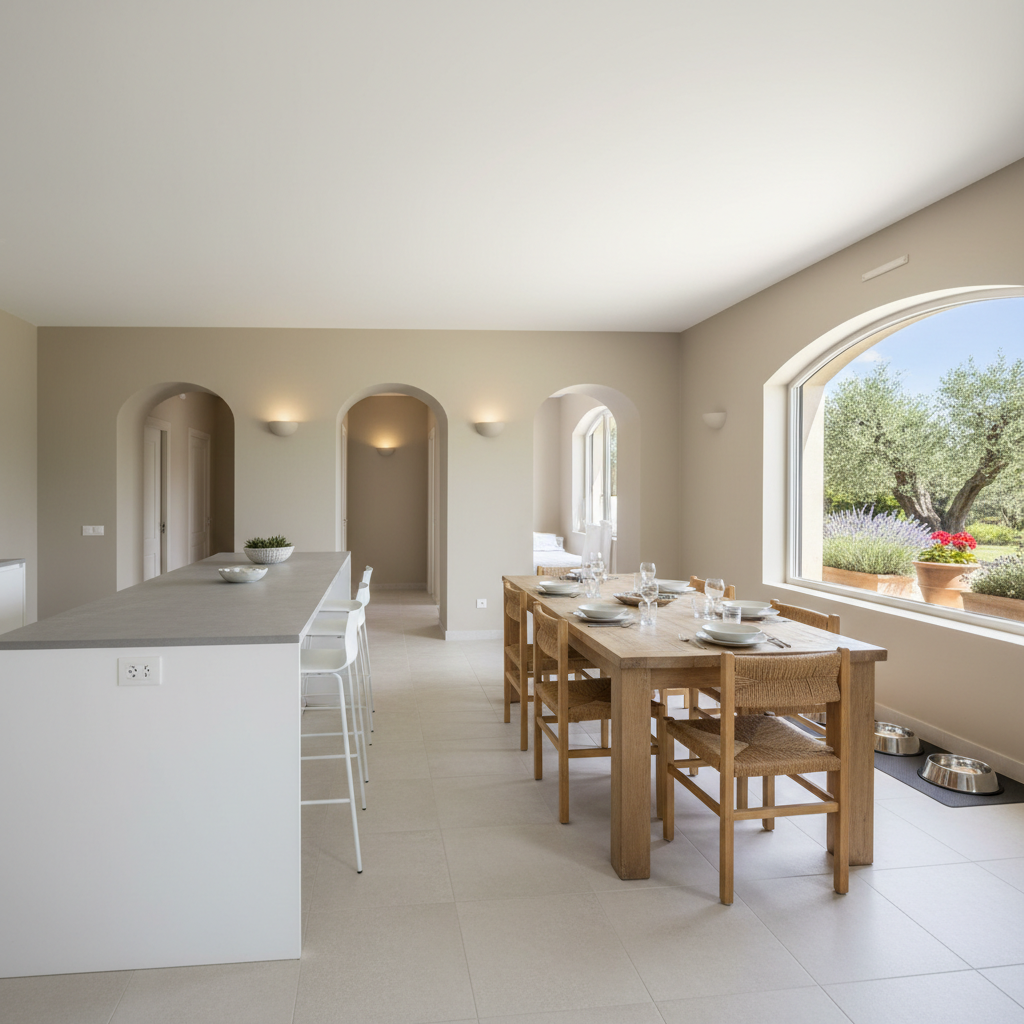 An open-plan kitchen and dining area of a family-oriented vacation rental, with a sleek white kitchen island and wooden dining table set for an informal meal, but without any food or text. Three distinct doorways subtly hint at separate, well-maintained rentals beyond. A small pet feeding area with stainless steel bowls is tucked neatly near the back wall, while a large window reveals a sunlit garden with Mediterranean plants. Soft, diffused midday light illuminates the space, highlighting clean lines and durable materials. Captured with a wide-angle lens at eye level in photographic realism, the mood is professional, airy, and welcoming, suggesting organization and direct, personal hospitality without any signage.