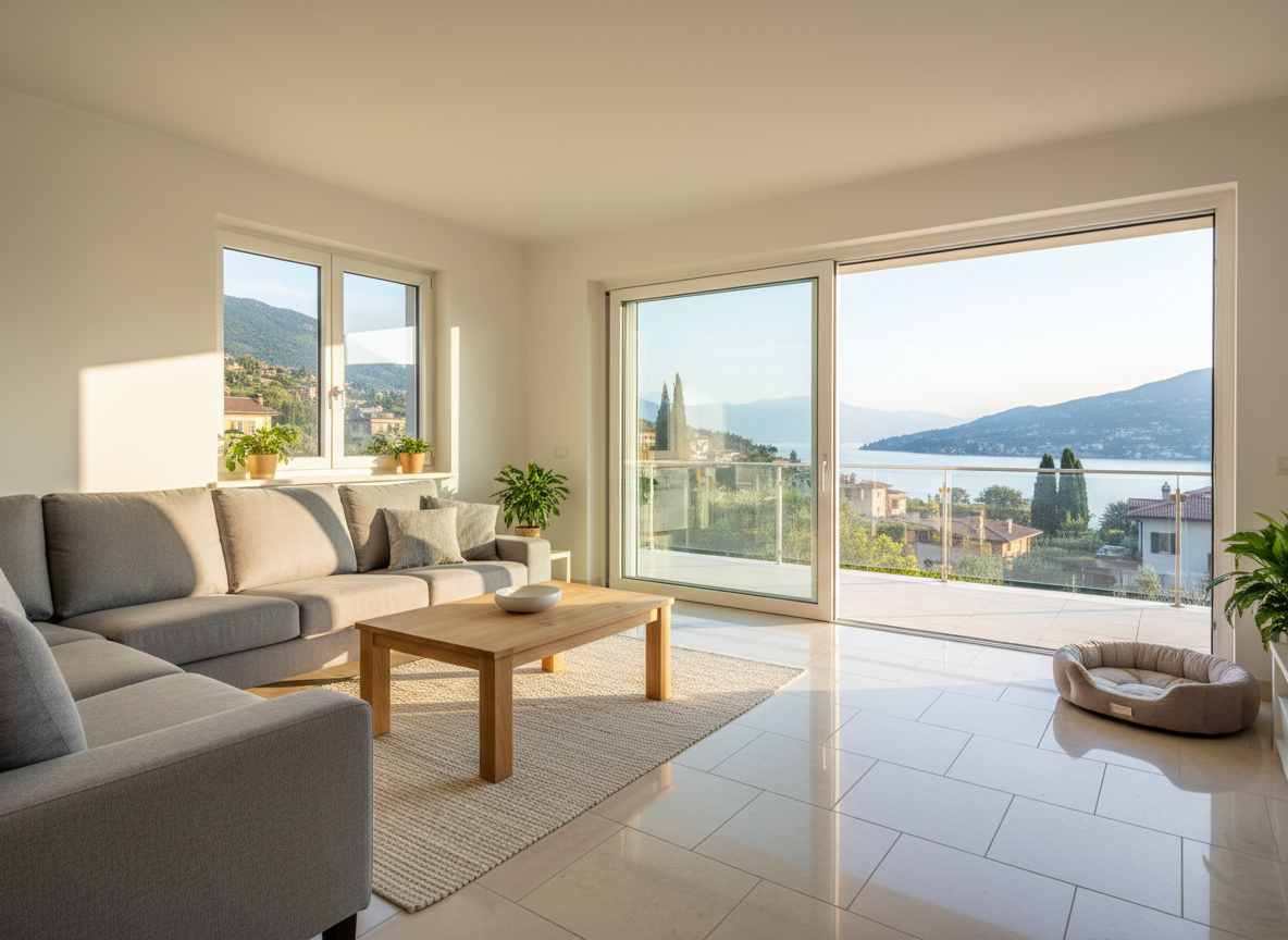 A bright, inviting living area of a Lake Garda vacation home, featuring a large glass sliding door opening to a balcony with a glimpse of blue water and green hills beyond. A soft gray sectional sofa with textured cushions faces a low wooden coffee table with a simple ceramic bowl. A discreet pet bed in neutral tones rests near the window, and a sturdy, easy-clean rug lies underfoot. Warm late-afternoon natural light floods the room, casting gentle shadows and reflections on the tiled floor. Photographed at eye level with sharp focus and a clean, modern, photographic realism, the space feels professional, family-oriented, and welcoming for pets without any clutter or human presence.